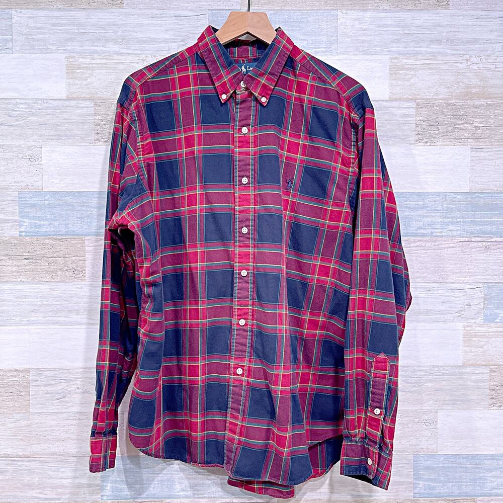 POLO Ralph Lauren Flannel Classic Fit Shirt Burgundy Blue Plaid Cotton Mens XL